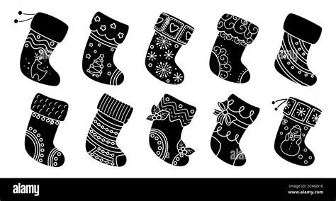 Christmas socks flat silhouette set. Black glyph cartoon holiday traditional and ornate ...