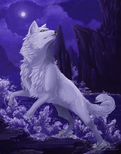 a white wolf standing on its hind legs in front of a purple and black ...