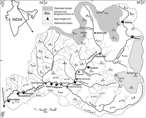 Drainage map of the Alaknanda catchment. Circles show the location of... | Download Scientific ...