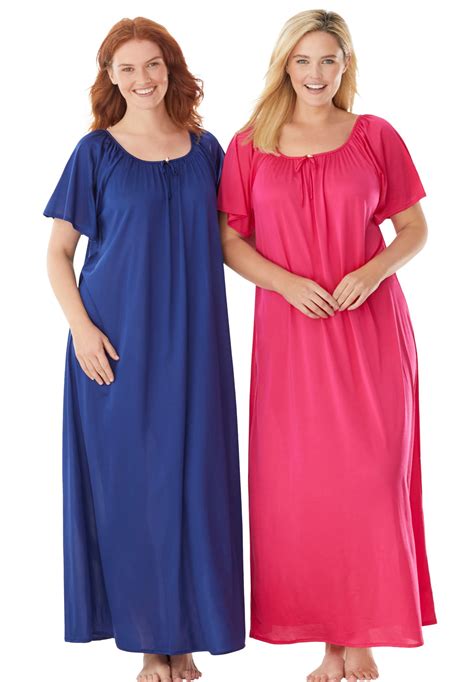 Only Necessities Women's Plus Size 2-Pack Long Silky Gown Pajamas ...