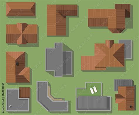 Top view of houses, roofs, vector set. Modern, high-tech and classic ...