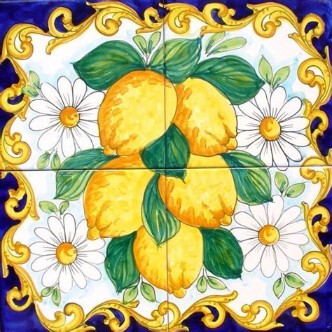 Hand Painted Tile Mural Backsplash, Kitchen Backsplash, Lemon and Daisy, Accent Tiles, Home ...