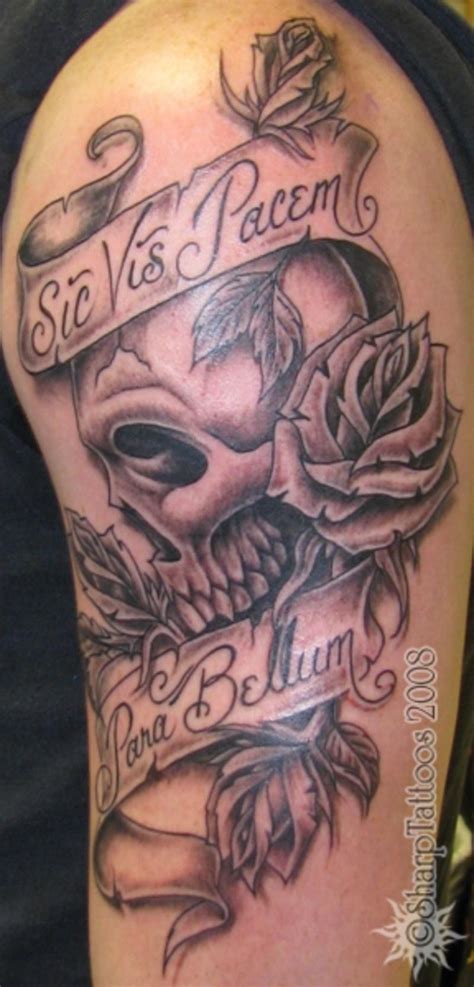 Si vis pacem, para bellum scroll skull rose tattoo | Body tattoo design ...