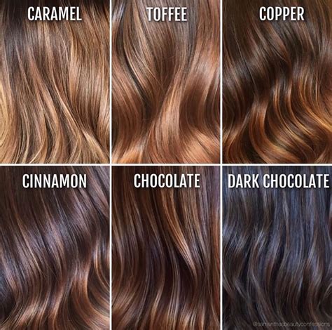 Hair Color Chart | Top Left to Bottom Right: Caramel - Toffee - Copper - Cinnamon - Chocolate ...