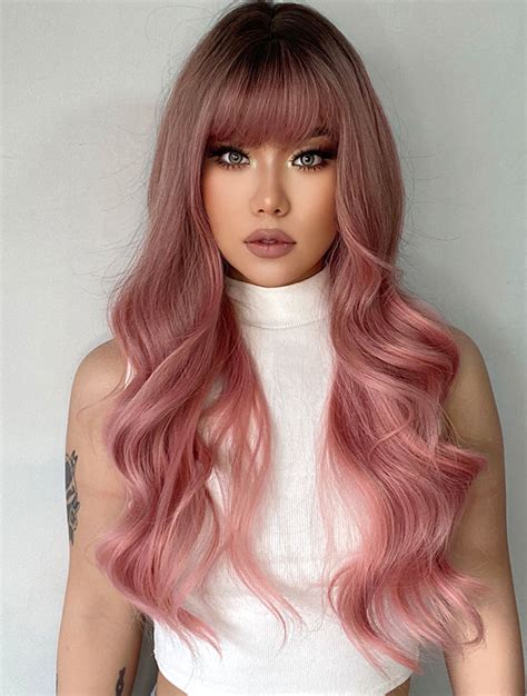 Sweet Aesthetic Pink Wave Wig with Bangs for Women Girl – FloraShe