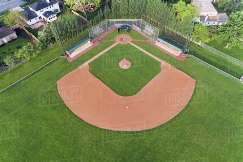 Aerial view of a Chicago suburban high school baseball field. - Stock Photo - Dissolve