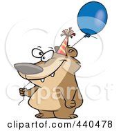 Blue Birthday Bear In A Party Hat Pointing To The Right And Holding Colorful Party Balloons ...