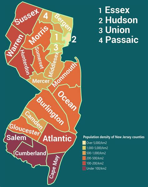 Population density of New Jersey counties (2018) | New salem, New jersey, County