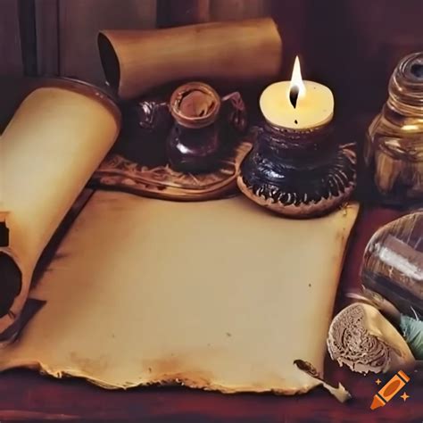 Medieval open rolled scroll on old desk with candle, writing feather, and ink bottle on Craiyon