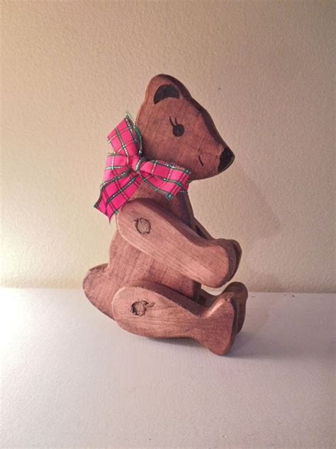 Vintage Wooden Bear Toy - Movable Arms & Legs - Red Plaid Bow