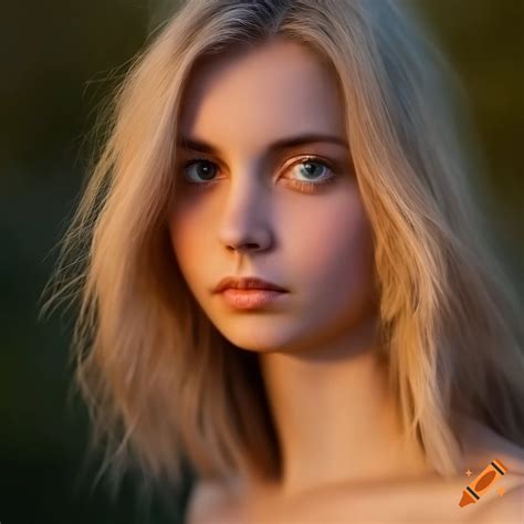 Focus, portrait of female beutifull neutral , , with ash blonde shag haircut , background sunset ...
