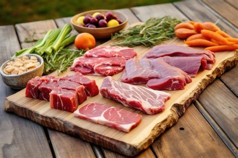 Premium Photo | Raw meat diet for dogs arranged on a wooden board