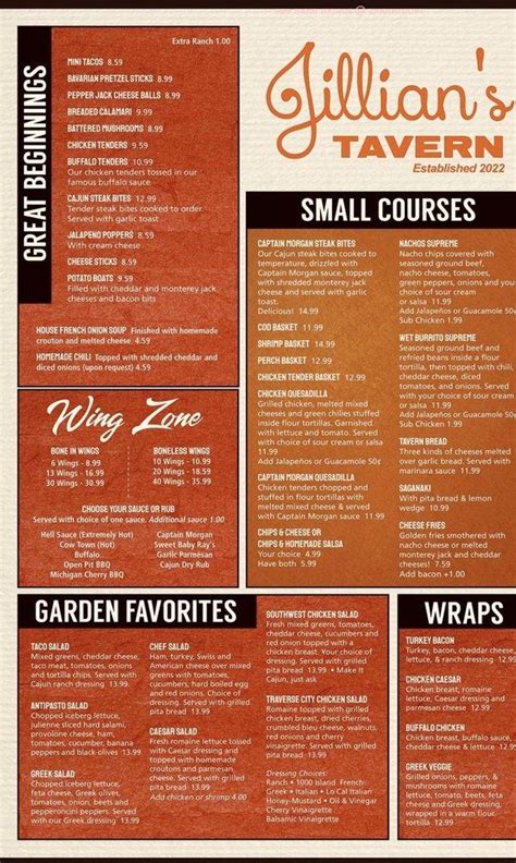 Menu at Jillian's Tavern pub & bar, Eastpointe