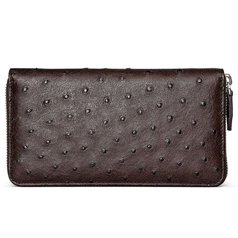 Genuine Ostrich Skin Long Wallet with Zipper for Men