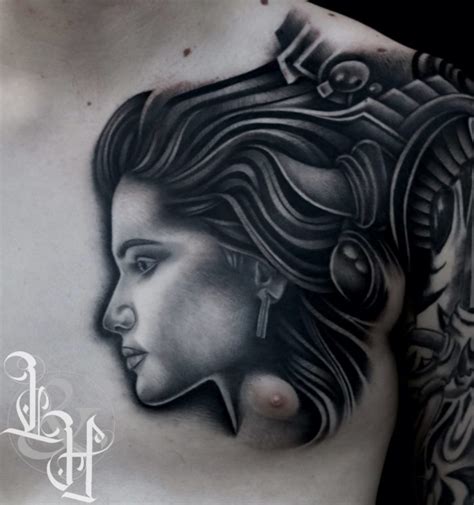 Black and Grey Side Profile Lady Face Tattoo - Love n Hate