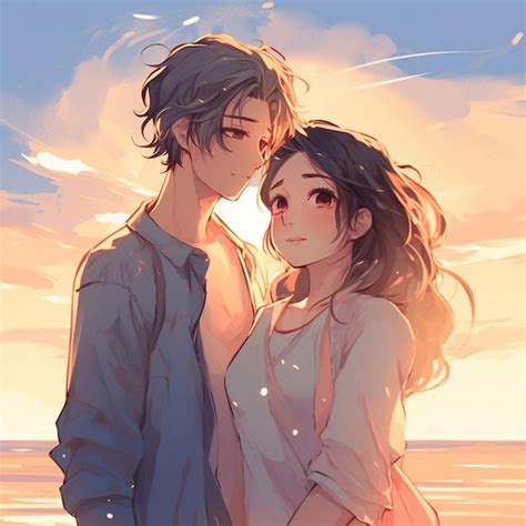 Premium AI Image | anime couple standing on beach with sunset in ...