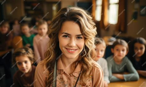 Premium AI Image | Pretty smiling female teacher looking at camera kids ...