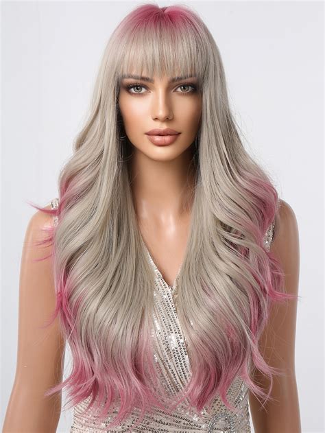 HAIRCUBE 26 Inch Long Natural Curly Wigs With Bangs, Blonde Pink Colored Synthetic Wigs for Party