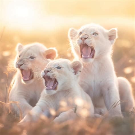 Premium AI Image | A group of albino lion cubs playing in a sunlit ...