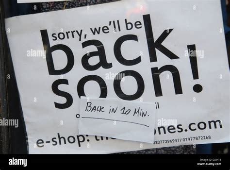 BACK SOON sign on door of London shop Stock Photo - Alamy