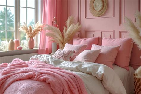 Premium Photo | Pink bedroom design with pastel pink walls and pink bedding