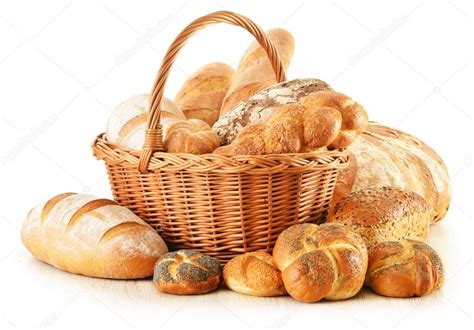 Bread and rolls in wicker basket isolated on white Stock Photo by ©monticello 19066617