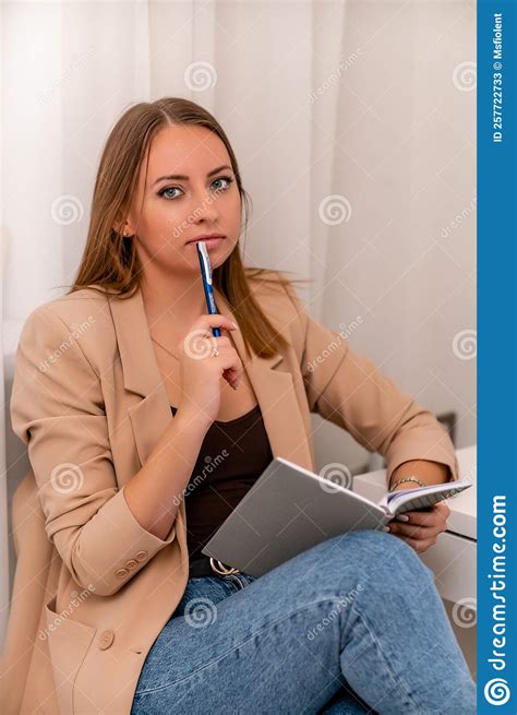 European Professional Woman Sitting with Laptop at Home Office Desk ...