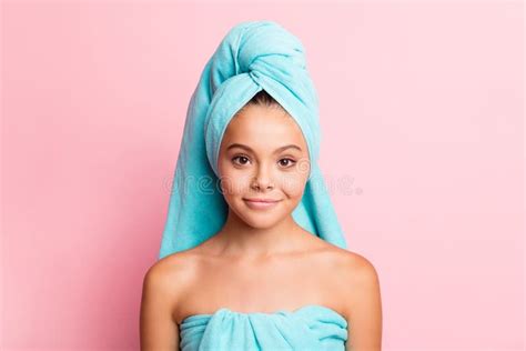 Close Up Photo of Adorable Positive Pupil Look Camera Light Blue Towels Isolated on Pastel Pink ...