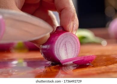 Closeup Chef Cutting Red Onion Stock Photo 1736492735 | Shutterstock