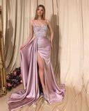 Spaghetti Strap Satin Side Split Pink Mermaid Prom Dresses with Detach – misshow.com