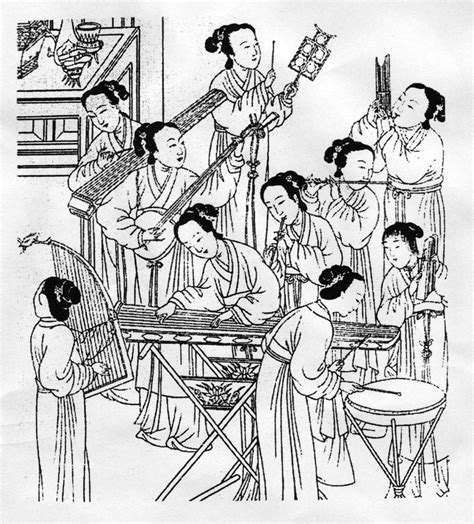 An ancient Chinese orchestra with several types of instruments ...