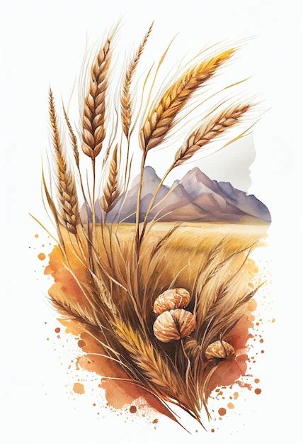 Premium AI Image | A watercolor painting of wheat ears and mountains ...