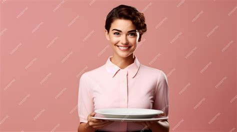 Premium Photo | Portrait of a waitress holding blank food tray isolated on pink background
