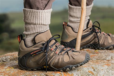 Men's Brown and Gray Merrell Hiking Shoes Holding Stick · Free Stock Photo