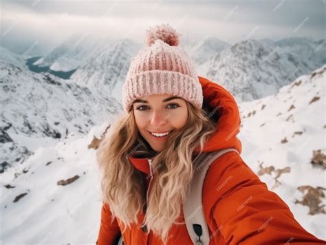 Premium Photo | Alpine Glow A Hikers Selfie with Snowy Mountain Backdrop