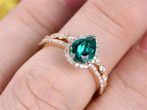 1 Carat Teardrop Emerald Engagement Ring Set Diamond Wedding Band 14k Yellow Gold Art Deco ...