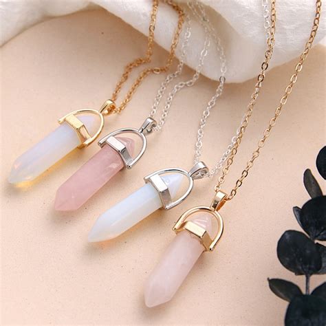 Hot sale Hexagonal Column Quartz Necklaces Pendants Fashion Natural Stone Bullet Pink Crystal ...