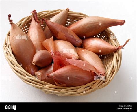 A basket of echalion shallots on a white background Stock Photo - Alamy