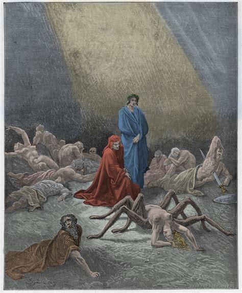 Purgatorio, Canto 12: Dante vê a alma de Aracne, ilustração de "A Divina Comédia" de Dante ...