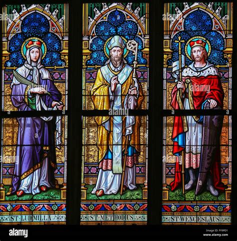 Stained Glass window in St. Vitus Cathedral, Prague, depicting Saint Ludmilla, Saint Methodius ...