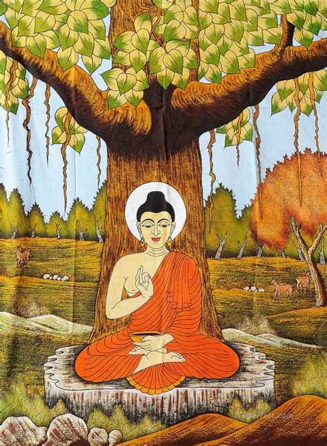 The sacred Bodhi tree Buddhism Painting in Oil for Sale