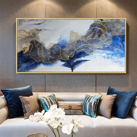 Original Abstract Painting on Canvas Framed Wall Art Navy Blue and Gold Lines Wall Painting for ...