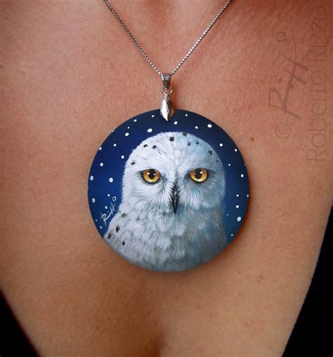 Unique Snowy Owl Necklace | Hand Painted Jewels by Roberto Rizzo