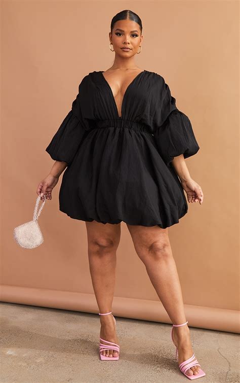 Plus Black Puff Sleeve Puffball Hem Dress | Plus Size ...