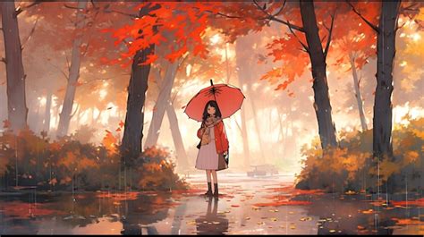 Premium AI Image | Autumn background design Fall wallpaper golden brown anime manga style