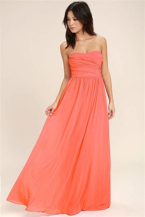 All Afloat Coral Pink Strapless Maxi Dress | Pink formal dresses ...