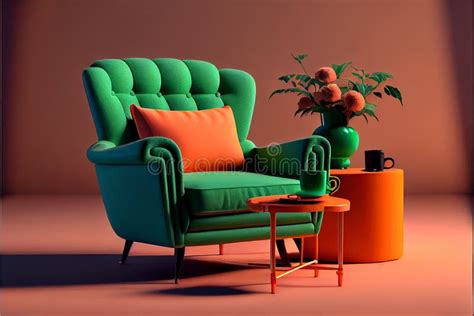 Green Armchair with Orange Coffee Table Living Room Interior Design Stock Photo - Image of ...