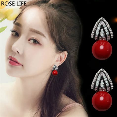 Red pearl wild stud earrings Fashion pearl earring korean korean style ...