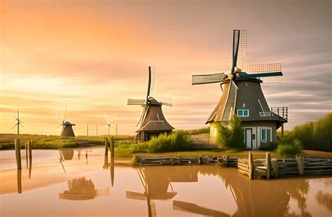 Windmill Water Reflection Painting Free Stock Photo - Public Domain Pictures