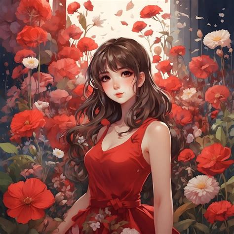 Premium AI Image | Anime Girl in Red Dress Amidst Flowers